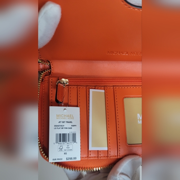 Orange Michael Kors Large Flat Phone Case Wristlet Wallet Grid Poppy - Picture 4 of 7